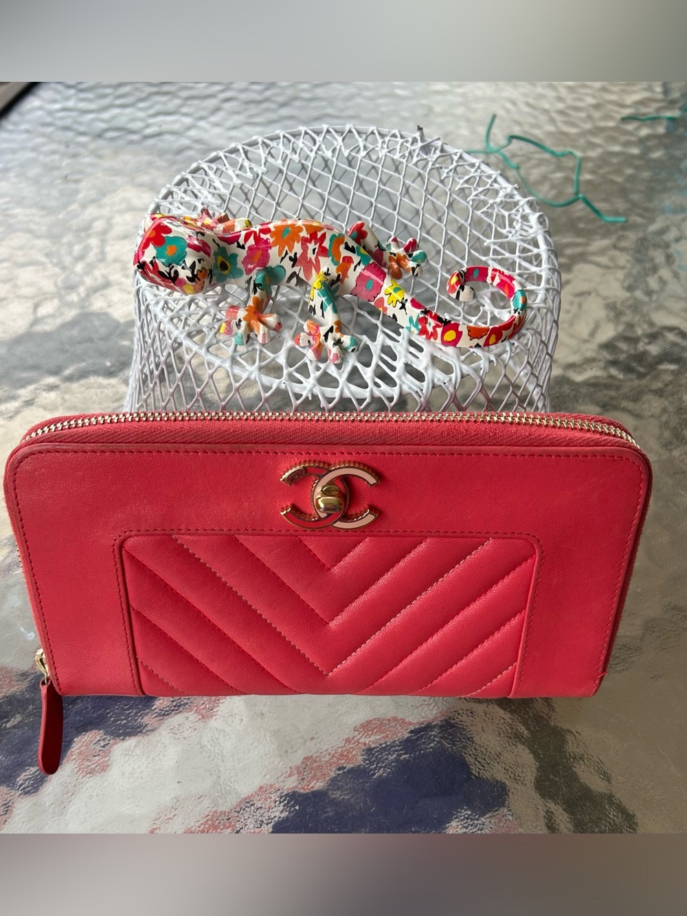 CHANEL Pink/Coral Quilted Chevron Zip Wallet